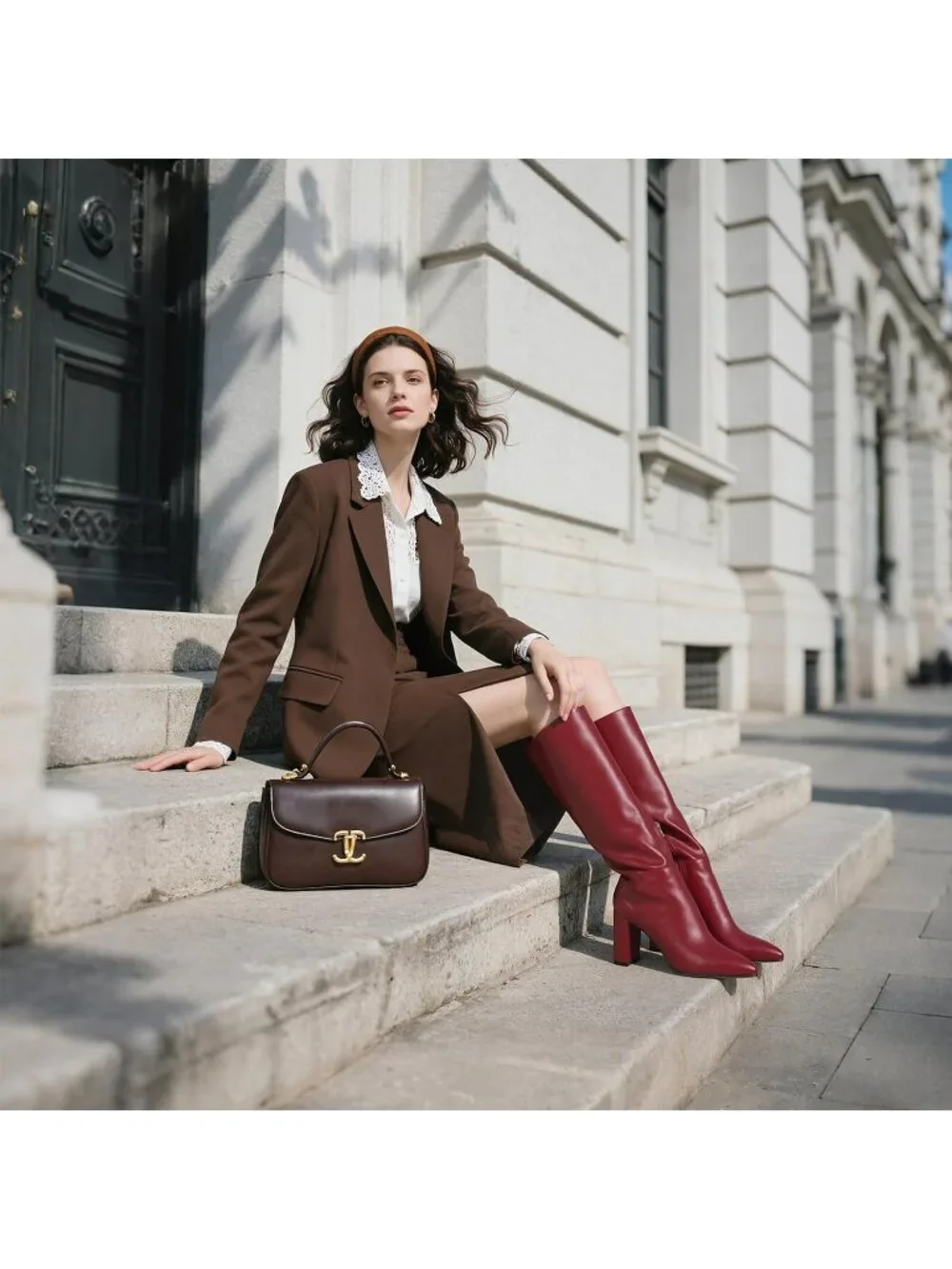 Women's Burgundy Chunky Heel Pointed Toe Non Slip Side Zipper Knee High Boots